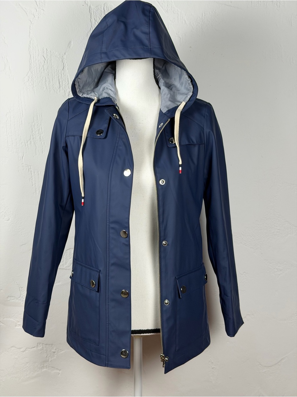 Classic Maison Jules Navy Hooded Trench Rain Coat - XXS fits can fit to small